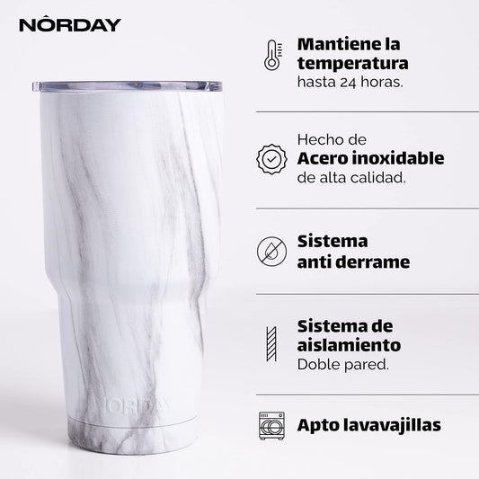 NORDAY | Tumbler with Lid - 30oz - White Marble Insulated Tumbler - Stainless Steel Tumblers - Double Wall Insulated Travel Coffee Mug for Car Cup Holder - Keeps Temperature for 24hr - Anti Spill Lid