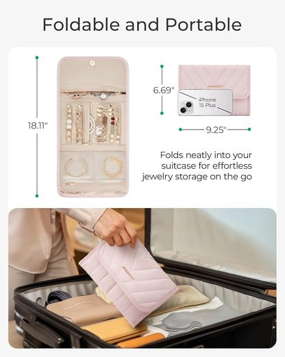 BAGSMART Travel Jewelry Organizer Case, Foldable Jewelry Roll for Necklaces, Earrings, Journey-Rings, Bracelets, Brooches, Portable, Beige