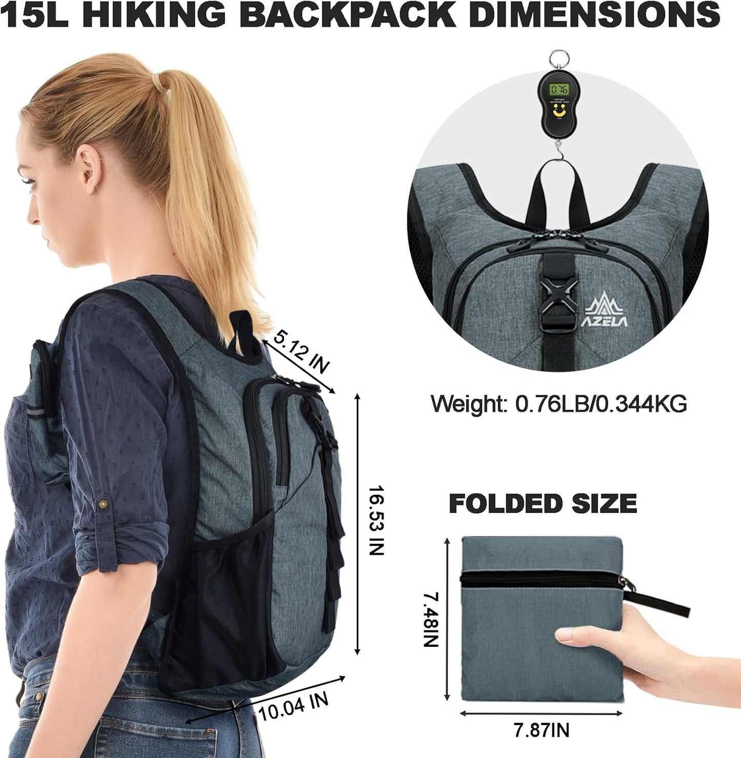 Seektop 15L Small Hiking Backpack for Women Men, Foldable Packable Backpack with Phone Pocket, Lightweight Travel Daypack for Hiking Camping Outdoor (Gray)