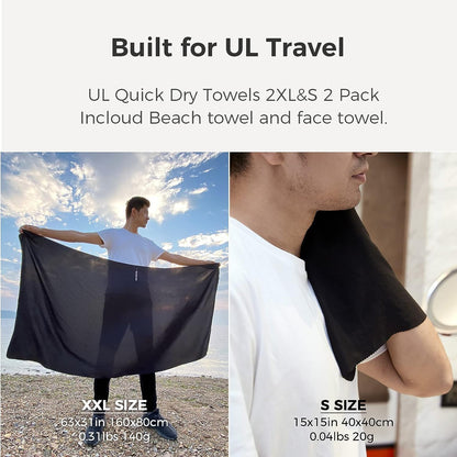 Ultralight Quick Dry Towel, Extra Large&Small 2 Pack Microfiber Towels with Compact Packable Pocket for Lightweight Backpacking Travel Beach Gym Camping & Swimming Sports(Grey 2 Set)