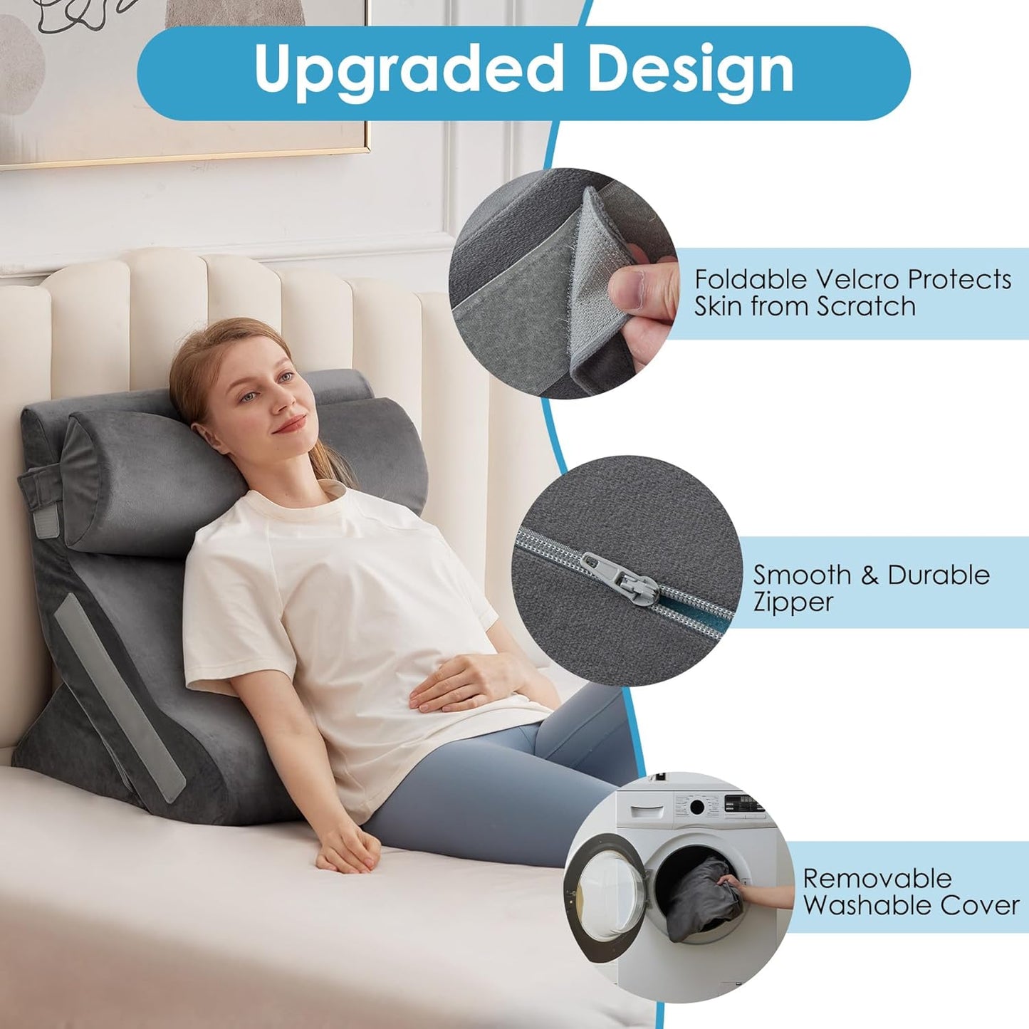 4PCS Bed Wedge Pillow for Headboard, Adjustable Wedge Pillow for Sleep Apnea, 23” Wide Triangle Pillow Wedge Set for After Surgery, Acid Reflux Relief, Snoring, Neck&Back Support, Grey