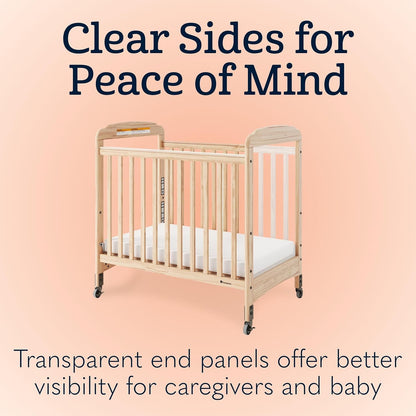 Foundations Serenity Compact Clearview Daycare Crib, Fixed Side, Durable Wood Construction, Adjustable Mattress Board, Clear End Panels. Includes 3” InfaPure Foam Mattress (Natural)