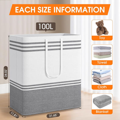 2 Pack Large Home Laundry Basket, Laundry Hamper, Freestanding Waterproof Dirty Clothes Bag, Tall Clothes Hamper - Extended & Reinforced Handles for College Dorm, Family (Light Grey/100L)