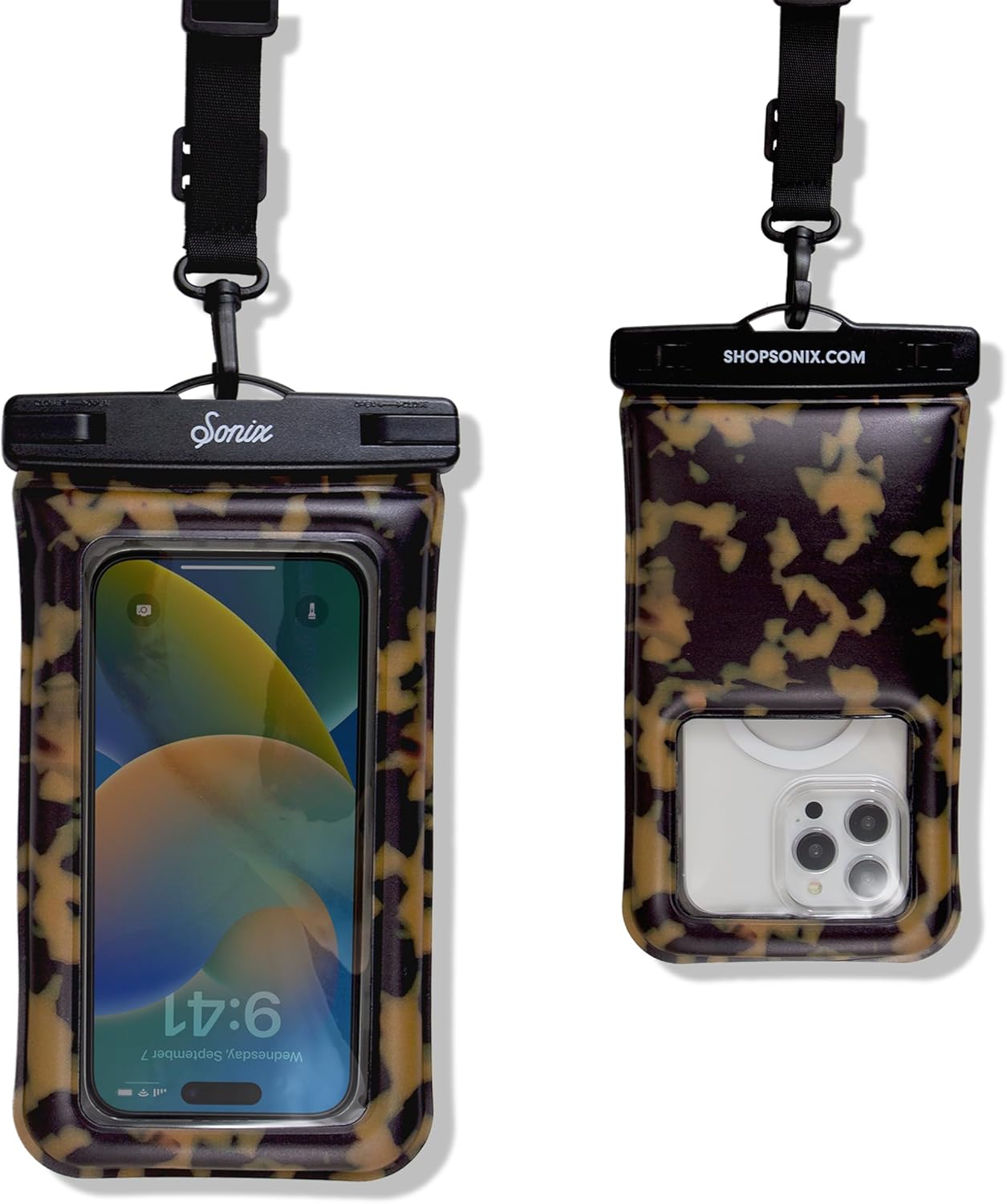 Sonix Waterproof Phone Pouch - Floating Phone Case Dry Bag w/Crossbody Lanyard - Beach Cruise Travel Essentials - Compatible w/All Devices, Touchscreen Friendly | Brown Tort
