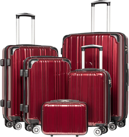 Coolife Luggage Expandable 5 Piece Sets PC+ABS Spinner Suitcase 20 inch 24 inch 28 inch (wine wind new)
