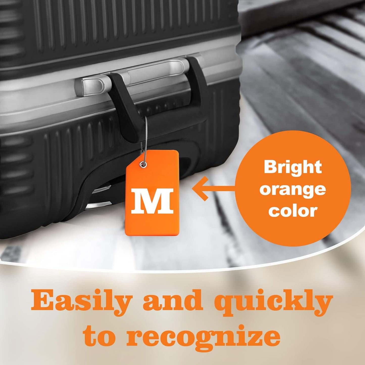 8 Pcs Luggage Tags for Suitcases, 26 Initial Letter Travel Luggage Baggage Identification Labels ID Tags Fully Bendable Tags with Stainless Steel Loop (Letter M, Orange)