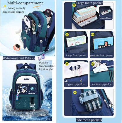 Astronaut-space Backpack for Boys-Girls Elementary Middle School Bookbag Backpack for Girls Kids Lightweight Back Pack Blue-green