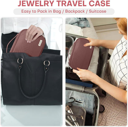 Jewelry Travel Case Organizer for Necklaces, Earrings, Rings, Bracelet, Watch, Soft Sided, Red Sandalwood