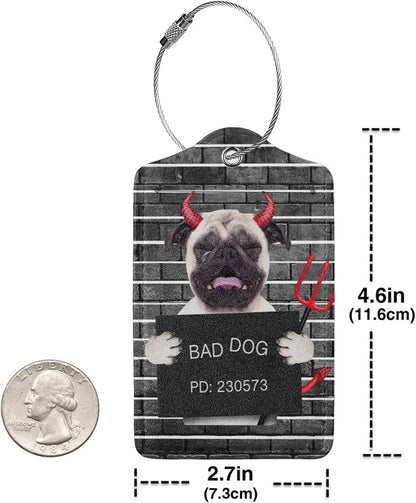 2 Pack Luggage Tags for Suitcase, Devil Pug Dog PU Leather Travel Luggage Tag with Privacy Flap, Name ID Label and Metal Loop for Women Men Suitcase Baggage Bag Backpack