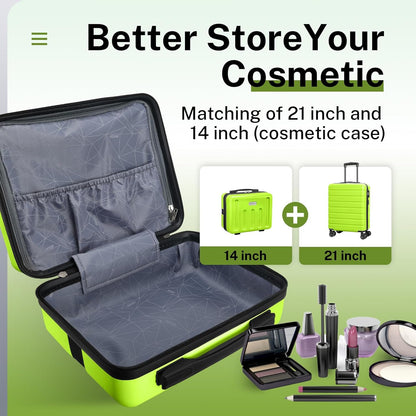 AnyZip 21" Carry On Luggage and 14" Mini Cosmetic Cases Luggage Set Hardside PC ABS Lightweight USB Suitcase with Wheels TSA (2-Piece Set (14/21),AppleGreen)