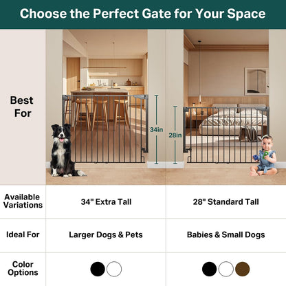 Cumbor 34" Extra Tall No Bottom Bar Baby Gate for Stairs, Wall Mounted Dog Gate Indoor for Larger Pets, Expandable 29.2-43" Safety Gate for Doorways, Wide Walk Thru Door for Easy Access (Black)
