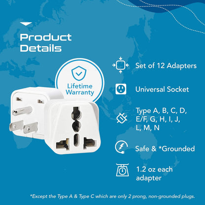 Ceptics Travel Adapter with Types A-M Plugs, Travel Plug Adapter Set Compatible with Power Sockets in All Continents, Compact World International Plug Adaptor Kit, Set of 12,GP-12PK