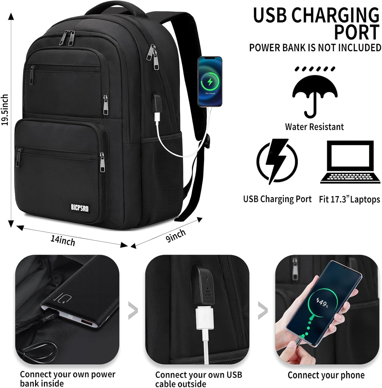 Black Backpack for School, School Backpack for Boys Girls Teens, College Book Bag, Water Resistant Bookbag, Back Pack for Men Women, Business Work Travel