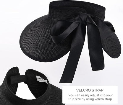 Camptrace Sun Visors for Women Wide Brim Beach Hat Foldable Straw Visor Hat Ponytail Summer Packable UPF 50+