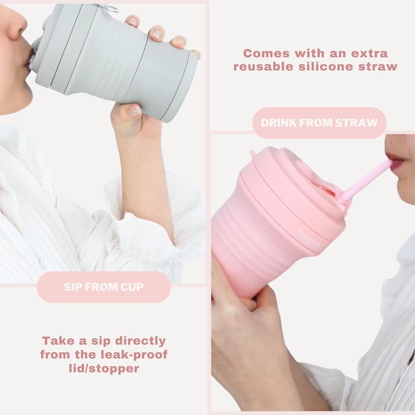 HANARA Collapsible Cup with Reusable Straw – 18 Oz (550 Ml), Portable Travel Mug, BPA-Free, Leak-Proof, Microwave & Dishwasher Safe, Multi-Purpose for Hot & Cold Drinks – Pink