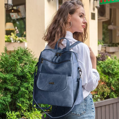 PU Leather Backpack Purse for Women Fashion Multipurpose Design Handbag Ladies Shoulder Bags Travel Backpack Blue