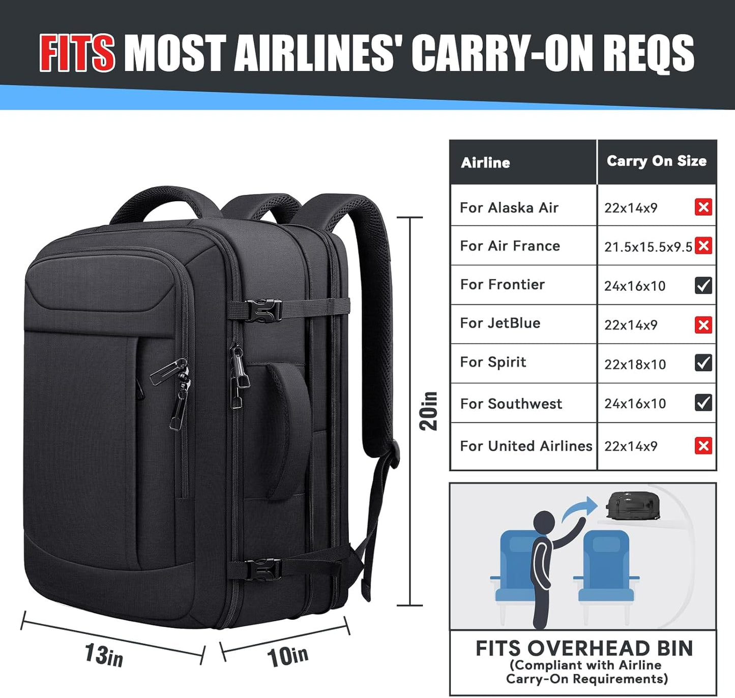 Travel Backpack,Expandable 40-50L Carry On Backpack,Extra Large Anti-Theft TSA Flight Approved Large Weekender Daypack Bag for Men and Women, Waterproof Pocket Lightweight Travel Gifts for Men,Black