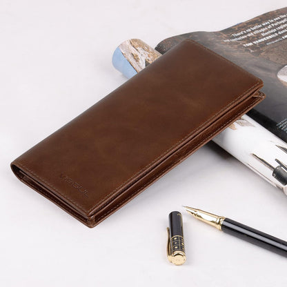 VISOUL Mens Checkbook Leather Wallets Long Bifold Wallets for Men Suit Wallet with 3 Cash Compartments 12 Credit Card Slots (Brown)