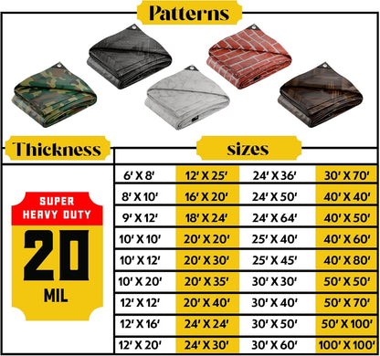 Core Tarps Extreme Heavy Duty 20 Mil Tarp Cover, Waterproof, UV Resistant, Rip and Tear Proof, Poly Tarpaulin with Reinforced Edges for Roof, Camping, Patio, Pool, Boat (Grey Wood/Black 20′ X 20′)