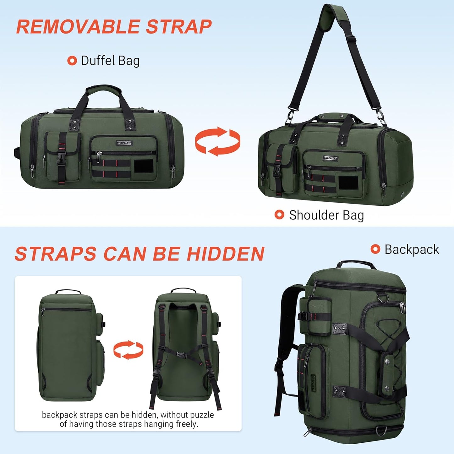WITZMAN Travel Duffel Bags for Men Large Carry On Weekender Overnight Bag 3 in 1 Backpack with Shoe Compartment (B693 Army Green）