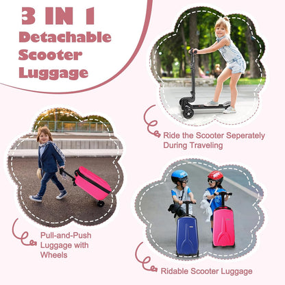 iubest Scooter Luggage Carry On Scooter Suitcase for Kids Age 4-15, Detachable & Foldable 4 in 1 Kids Suitcase, Multifunctional Ride On Travel Trolley Scooter Combo-Rose Pink