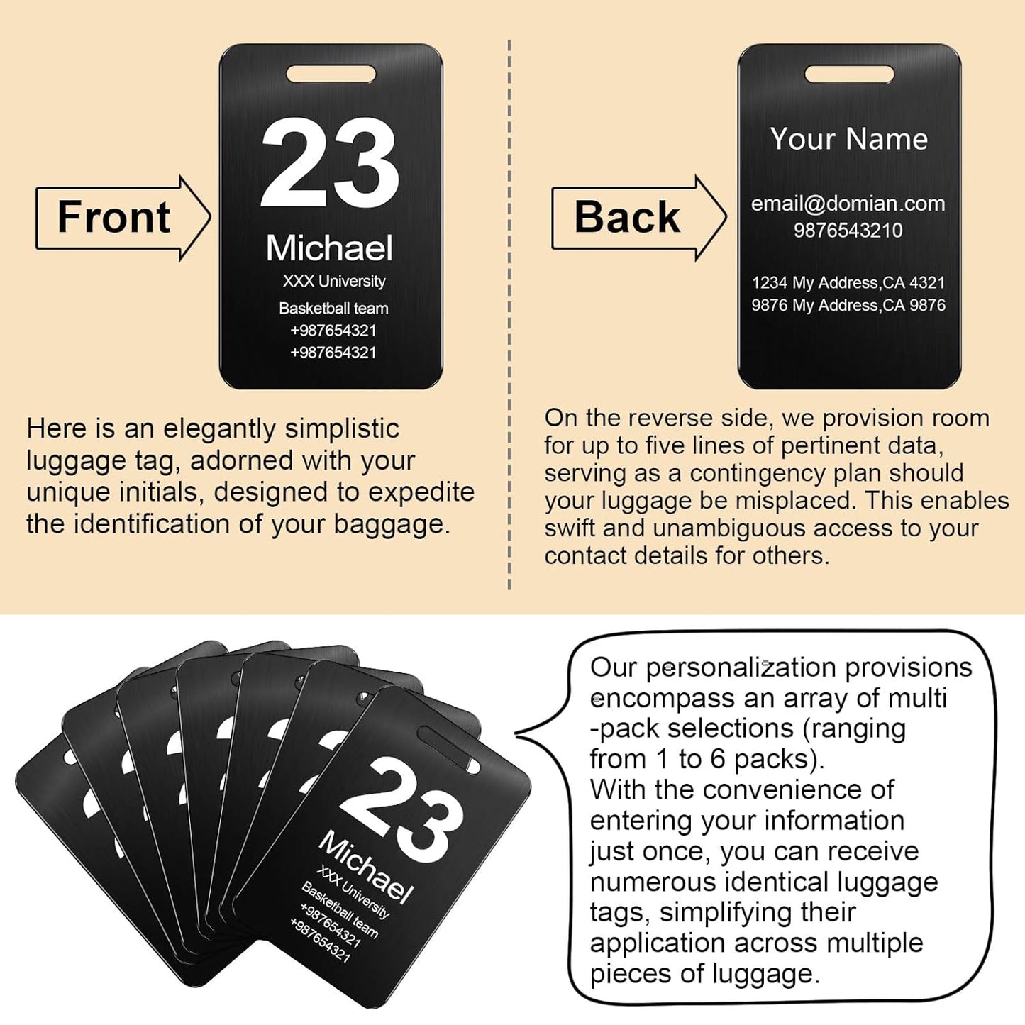 Customized Stainless Steel Luggage Tags: Personalize Your Suitcases, Backpacks, and Bags with Your Text - Custom Initial Text Name ID,Number 2"x3.3"(2 Pack)