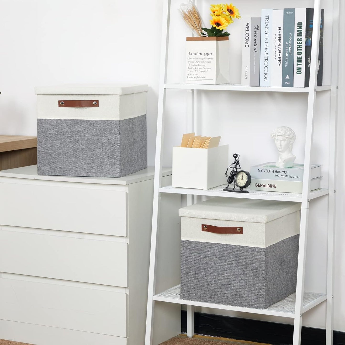Temary Cube Storage Bins with Lids for Organizing Clothes, [2-Pack] Foldable Storage Boxes with Handles, Closet Storage Baskets for Living Room (White&Gray, 13x13x13inch)