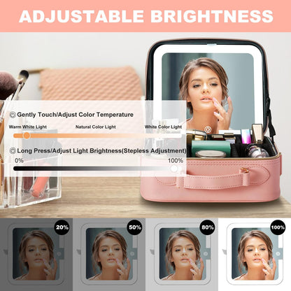 Mocado Travel Makeup Bag with LED Lighted Mirror,Travel Makeup Organizer,Makeup Case with 8 Makeup Brushes and 10x Magnifying Mirror,3 Colors Lighting, Adjustable Dividers Makeup Box(Pink)