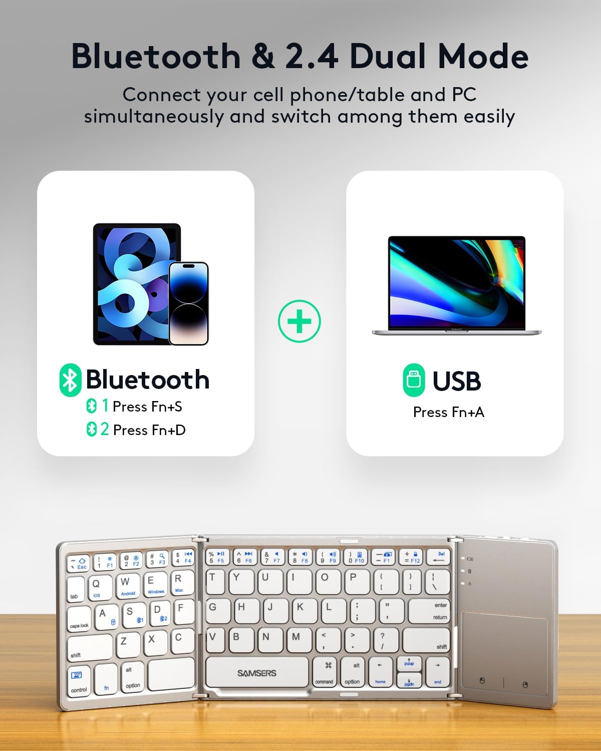 Samsers Multi-Device Foldable Bluetooth Keyboard with Touchpad, Rechargeable Dual-Mode(2.4G+BTx2) Wireless Keyboard with Holder, Portable Folding Keyboards for Android Windows iOS Mac OS - Silver