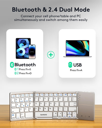 Samsers Multi-Device Foldable Bluetooth Keyboard with Touchpad, Rechargeable Dual-Mode(2.4G+BTx2) Wireless Keyboard with Holder, Portable Folding Keyboards for Android Windows iOS Mac OS - Silver