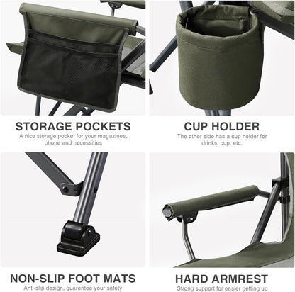 EVER ADVANCED Oversized Folding Camping Chair, for Adults Heavy Duty Lawn Chair with Side Pockets, Portable Collapsible Quad Chair for Outside, Support Up to 500lbs, Green 2Pack