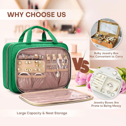 Toiletry Bag for Women with Jewelry Organizer Compartment, Travel Makeup Cosmetic Bag with Hanging Hook for Full-sized Toiletries, Shampoo - Green
