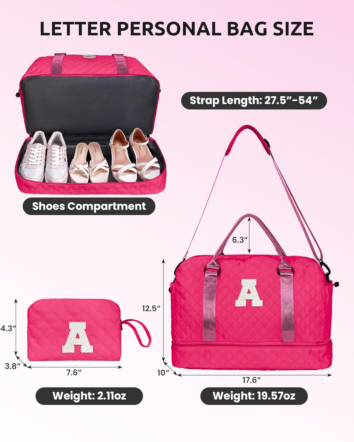 Sweet 15 Gifts for Girls-Initial Travel Bag with Shoe Compartment, Personalized Weekender Bag, Monogram Overnight Bag for Women, Letter Travel Bag with Makeup Bag (Letter B)