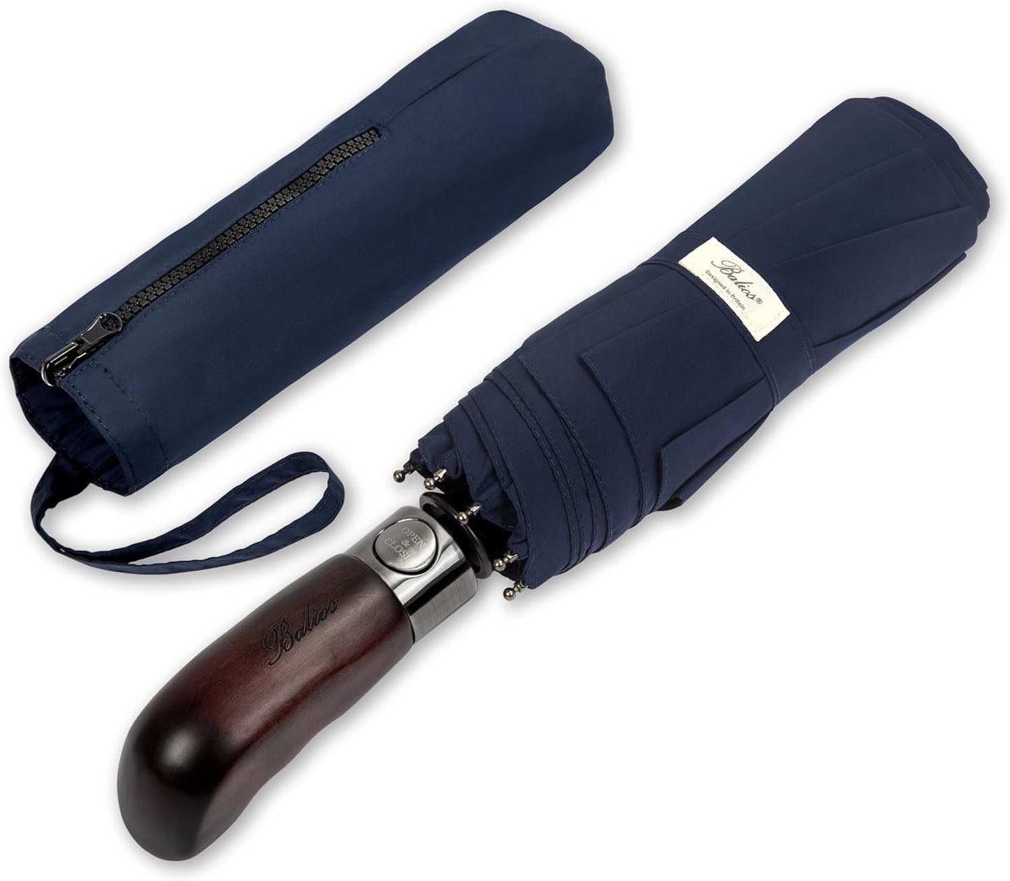 Balios Travel Folding Umbrella with Real Wood Handle Auto Open Close Vented Windproof Canopy - Designed in UK