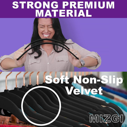 MIZGI Premium Velvet Hangers (30 Pack) Heavy Duty- Non Slip - Velvet Suit Hangers Black - Copper/Rose Gold Hooks,Space Saving Clothes Hangers (Black)