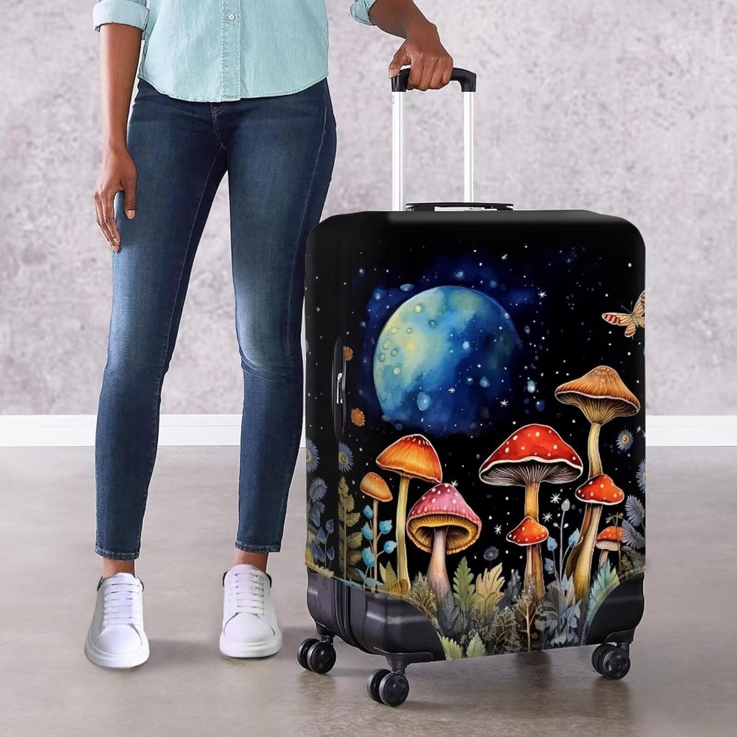 Butterfly Mushroom Print Travel Suitcase Cover Protector Elastic Zipper Closure Fit 30-32 Inch Luggage