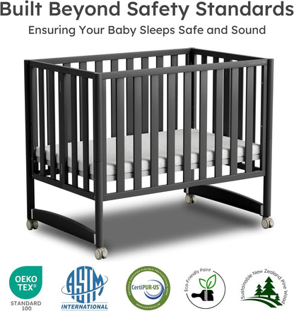 EvoNook 6-in-1 Convertible Mini Crib, 100% New Zealand Solid Wood, 4 Adjustable Mattress Heights, Black with Matttress (Crib with Mattress, Black)