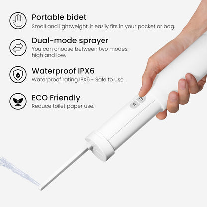 VOVO Go Portable Electric Bidet for Travel - 2 Adjustable Pressure Settings, Compact Handheld Bidet, Ideal for Personal Hygiene & Postpartum Care, Lightweight & Leak-Proof Design - 140ml, White