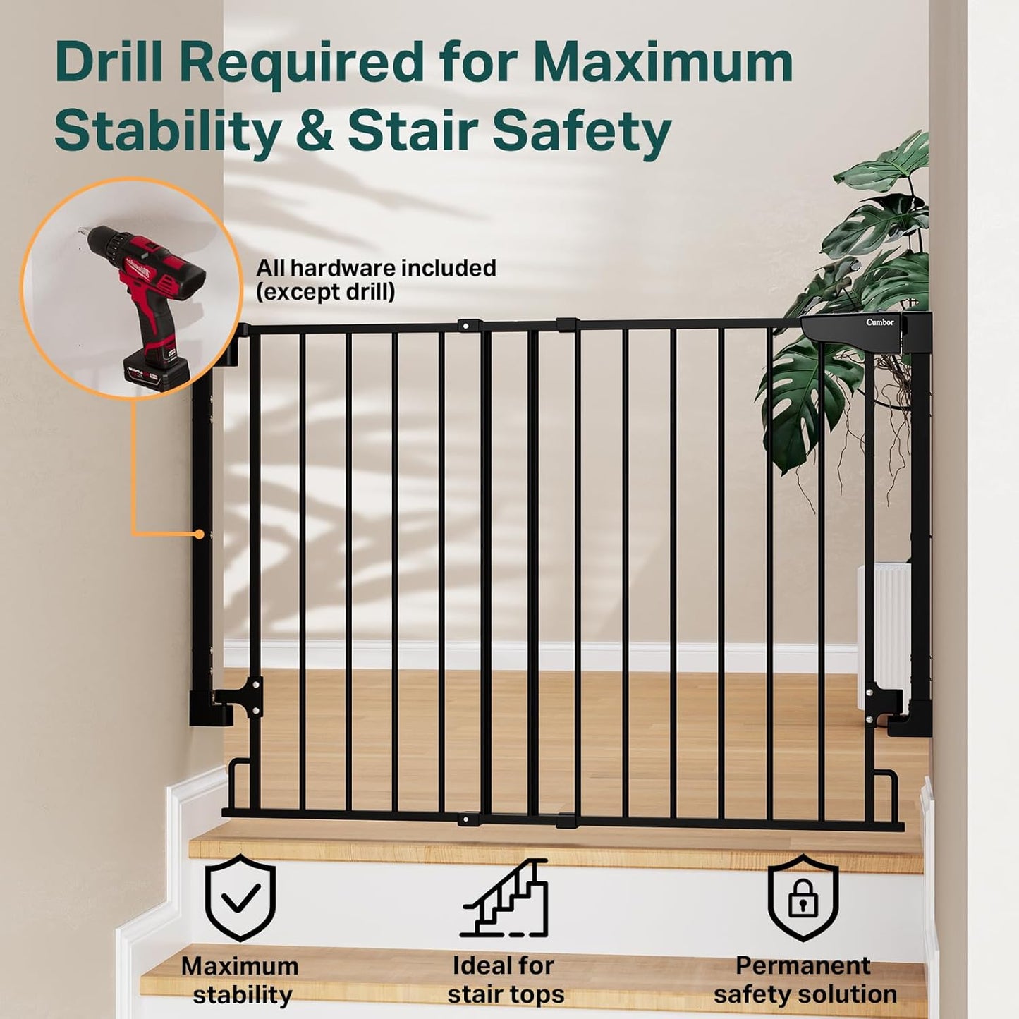 Cumbor 34" Extra Tall No Bottom Bar Baby Gate for Stairs, Wall Mounted Dog Gate Indoor for Larger Pets, Expandable 29.2-43" Safety Gate for Doorways, Wide Walk Thru Door for Easy Access (Black)