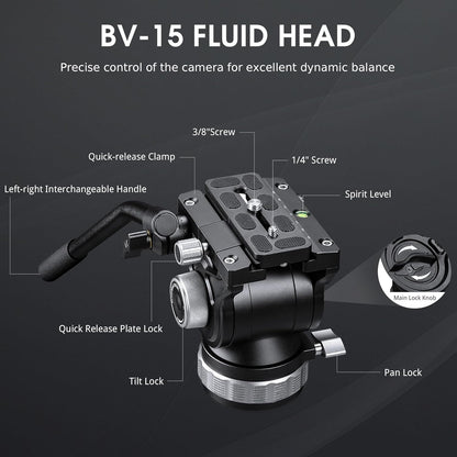 Heavy Duty Carbon Fiber Tripod with Fluid Head, One-Step Unlock System, with Removable Handle and Center Spreader, MaxLoad 8 KG/17.64 LB, Balanced Load 3 KG/6.61 LB (LVF-163C+BV-15)