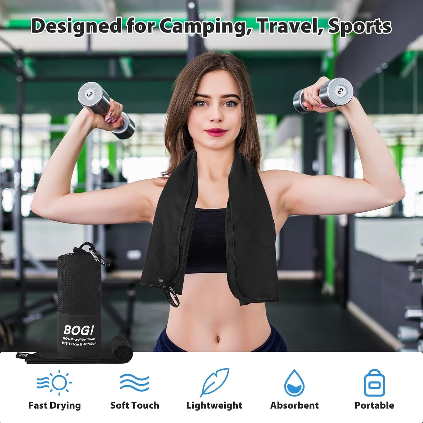 BOGI Microfiber Travel Sports Towel-Quick Dry Soft Lightweight Absorbent Compact for Camping Gym Beach Bath Yoga Swimming Backpacking (XL:72''x32''+16''x16''-Black)