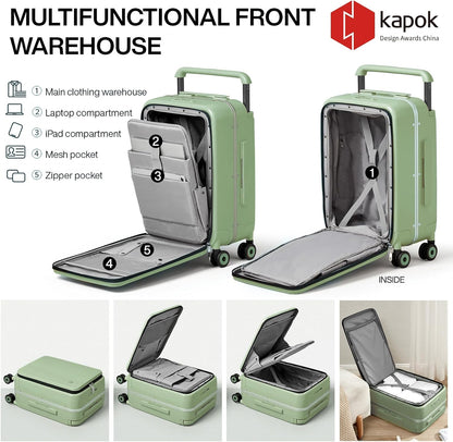 mixi Carry On Luggage Wide Handle Luxury Design Rolling Travel Suitcase PC Hardside with Aluminum Frame Hollow Spinner Wheels, with Cover, 20 inch, Avocado Green