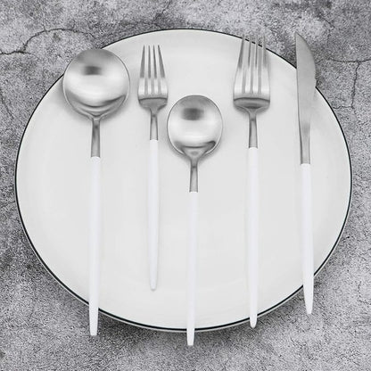 Gugrida 20-Piece 18/10 Stainless Steel Flatware Silverware, Luxury Dinnerware Set Travel Cutlery Tableware Include Knife Fork Spoon Service for 4, Dishwasher Safe (White Handle Matte Silver)