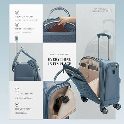 Verage 18x14x8in Spinner Underseat Carry-On Luggage -Airplane Personal Item Bag, USB A&C Charging Port, Padded Laptop Pocket & Wet/Dry Compartments for Women, Haze Blue