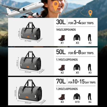 Waterproof Duffel Bag, 70L Roll-top Motorcycle Dry Bag with Air Valve & Quick-fixed Straps, Travel Duffle Bags for Kayaking Paddle Boarding Rafting Boating Camping Riding Fishing - Grey