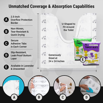 Tinkle Mat Disposable Toilet Commode Mat – Super Absorbent, Deodorizing Toilet Mats for Bathroom U Shaped – Great for Kid Potty Training, Incontinence & More – 24 x 24 Inches, 20 Pack, Lavender