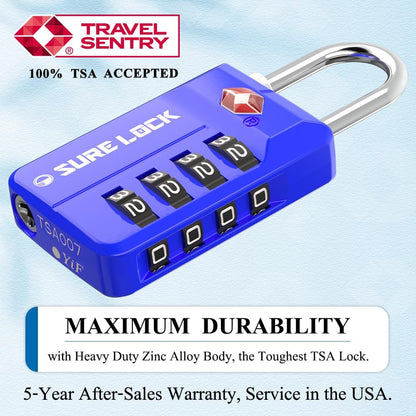 SURE LOCK TSA Approved 4-Digit Resettable Combination Luggage Locks with Open Alert, Easy-Read Dials - for Luggage, School Lockers, Gym, Office, Toolbox & Security Cases(Blue 2 Pack)