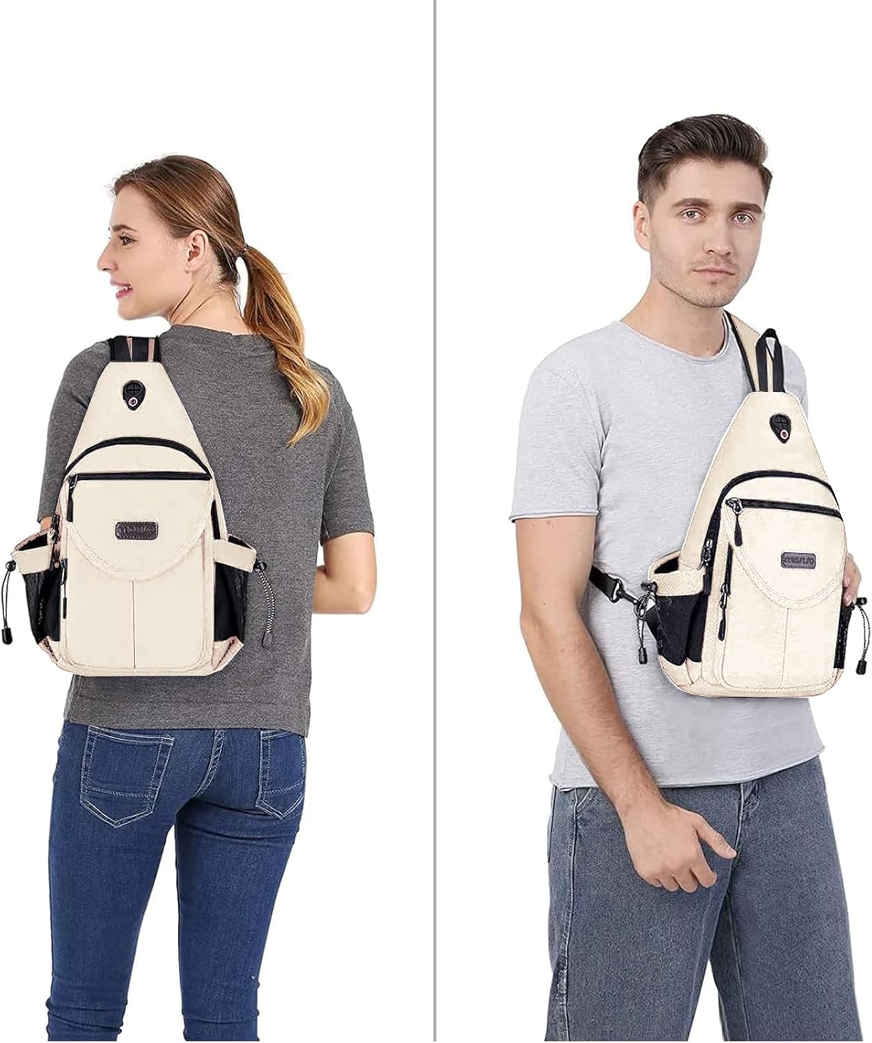 MOSISO Sling Backpack,Canvas Crossbody Hiking Daypack Bag with Anti-theft Pocket, Beige