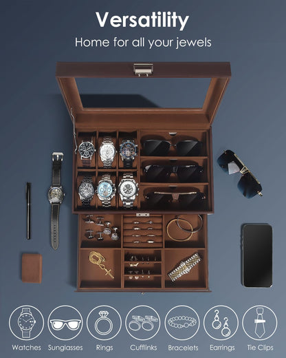 Watch Jewelry Box Organizer, 6-Slot 2-Layer Watch Case and Sunglasses Storage with Large Glass Lid, Men's Jewelry Box with Lock, Watch Holder Display Case, Gift for Men Women