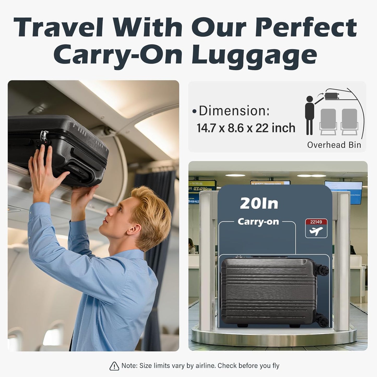 Coolife Luggage Suitcase PC+ABS with TSA Lock Spinner Carry on Hardshell Lightweight 20in 24in 28in(white, S(20in_carry on))